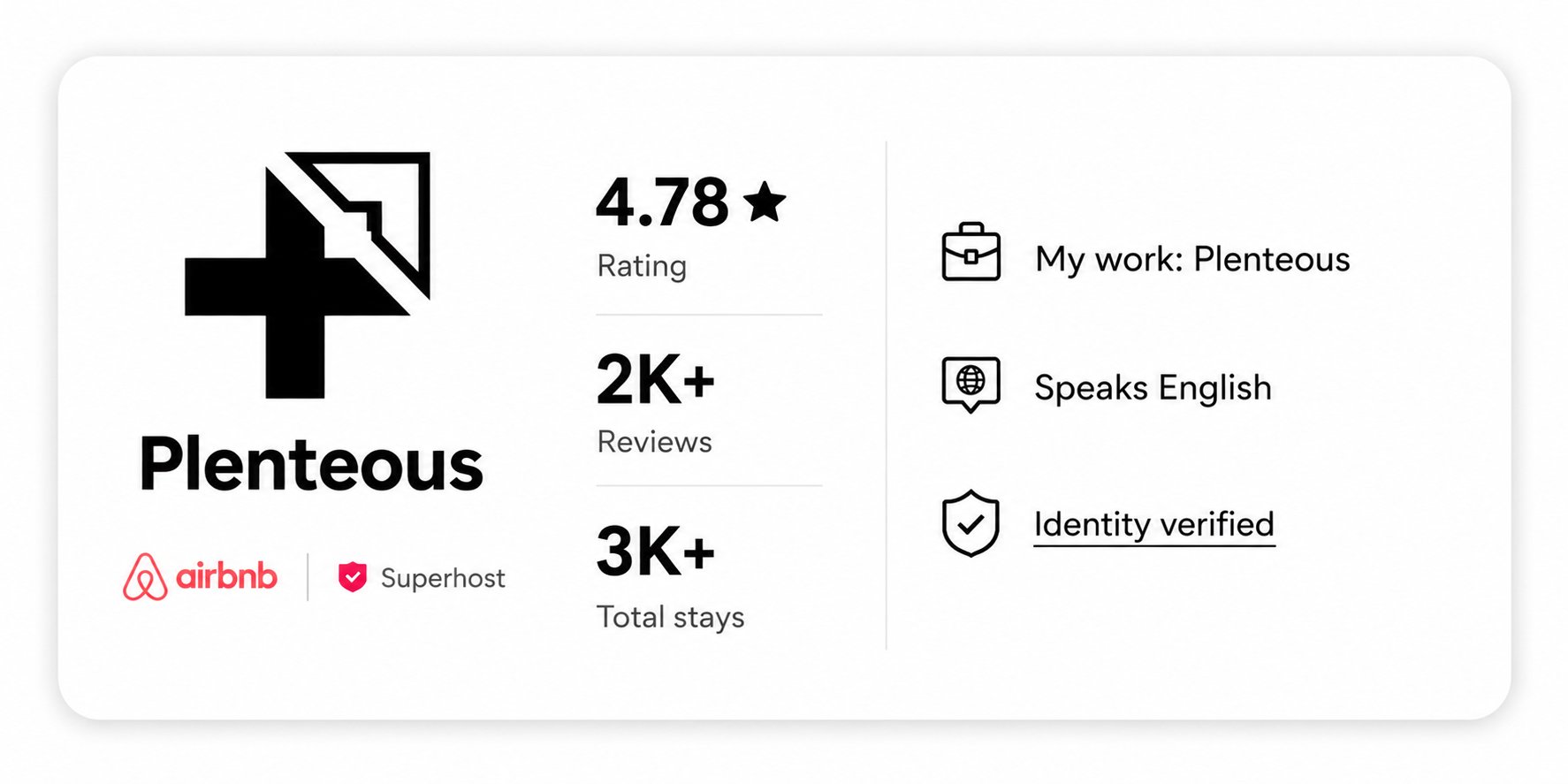 Plenteous on Airbnb: 4.78 rating, 2K+ reviews, 3K+ total stays, Superhost, Identity verified